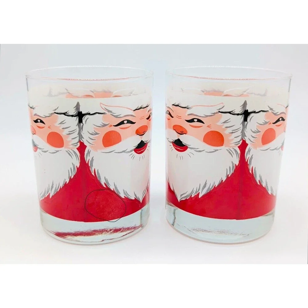 Vintage MCM Georges Briard Santa Claus Face Low Ball Glasses Set of 2 